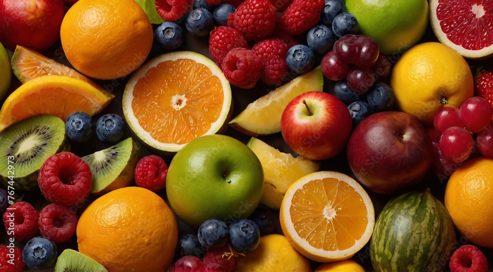 Fruits Food Examples Description: Generate an image featuring a vibrant array of assorted ...