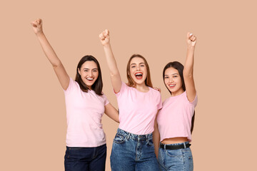 Wall Mural - Portrait of beautiful happy women on beige background. Women history month