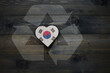 wooden heart with national flag of south korea near reduce, reuse and recycle sing on the wooden background. concept