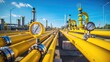 A network of yellow gas pipelines with pressure gauges against an industrial backdrop.