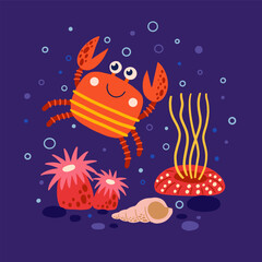 Wall Mural - A cute red crab crawls among shells and corals. Cheerful sea animal. A funny inhabitant of the ocean or coral reef. Children's vector illustration of the seabed.