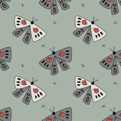 Vector seamless pattern with magic hand drawn moths on gray background. Modern design for fabric and paper, surface textures. 