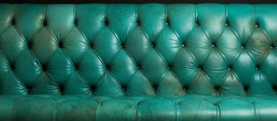 Wall Mural - A close up of an aqua leather couch with intricate button pattern, resembling an automotive tire tread. The electric blue hue adds a touch of art and symmetry to the overall design