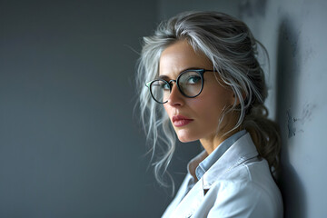 Wall Mural - successful beautiful blonde business woman in glasses stands near a gray wall. career and business growth