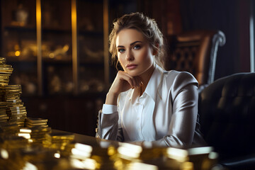 Wall Mural - successful business woman sits in a chair near a table with gold bars and coins. education for career and business growth