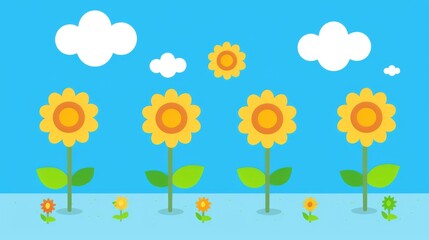 Wall Mural -  a row of sunflowers with a blue sky and clouds in the background, with sunflowers in the foreground and sunflowers in the foreground.