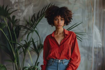 Wall Mural - Fashion model in an oversized heather red shirt and jeans standing in a room with a plant. Concept Fashion Photography, Casual Style, Indoor Setting, Stylish Props, Natural Lighting