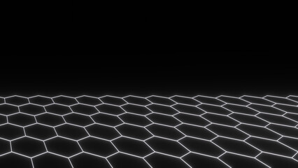 Fototapete - 3d synthwave cyber futuristic neon white hexagon background. abstract retro way in space isolated bl