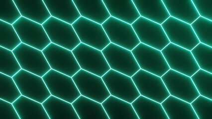 Fototapete - 3d seamless pattern. abstract futuristic grid alien hexagon wireframe neon glowing green mermaid blu