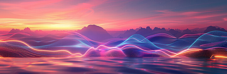 Vibrant neon waves flow across a serene lake, with mountains silhouetted against a stunning sunset sky, creating a surreal landscape.
