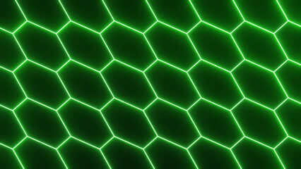 Fototapete - 3d seamless pattern. abstract futuristic grid alien hexagon wireframe neon glowing green mermaid blu