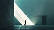 Solitary Journey in Minimalist Architecture A Lone Figure Walks Towards an Open Door in an Empty Building