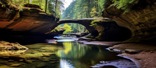 Sticker - Amidst a picturesque natural landscape, a bridge spans over a flowing river in a canyon surrounded by lush vegetation and trees