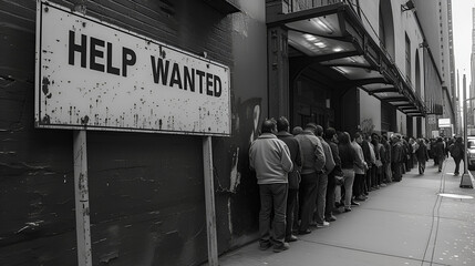People in line for a job - help wanted sign -0 employment - unemployment - employment statistics