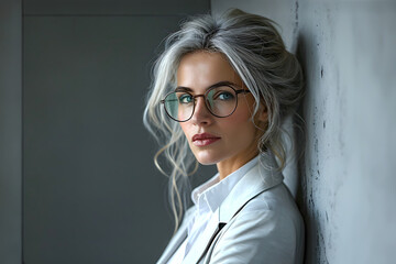 Wall Mural - successful beautiful blonde business woman in glasses stands near a gray wall. career and business growth