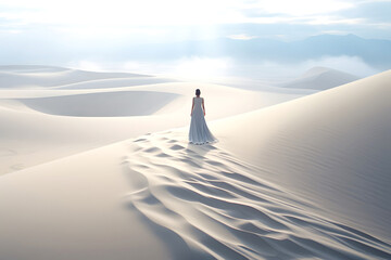 lonely woman walks along the sands of the desert dunes towards the sun. human life path concept