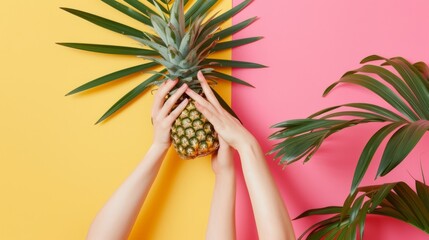 Wall Mural -  two hands reaching for a pineapple on a yellow and pink background with a green plant in the foreground.