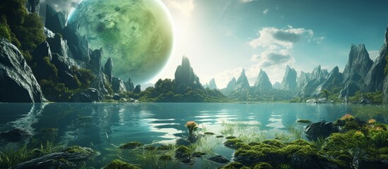 Poster - A serene lake nestled among mountains and trees under a blue sky with fluffy clouds, against the backdrop of a lush green planet on the horizon