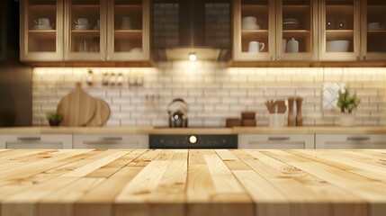 Poster - Wooden tabletop with blurred kitchen background for product display mockup template