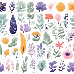 A collection of seamless pattern, colorful abstract plants and flowers. Hand drawn Collection of leaves and flowers. A close up of a pattern of flowers and leaves.
