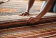 A woman straightens a rug in her living room. She ensures everything in her cozy home is perfect.