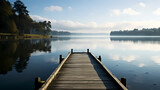 Fototapeta Pomosty - Mid shot of minimalist pier extending into lake