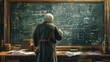 © TEERAPONG - Elderly physicist engrossed in complex theoretical calculations on a blackboard, with antique books and scientific papers scattered around, embodying timeless knowledge