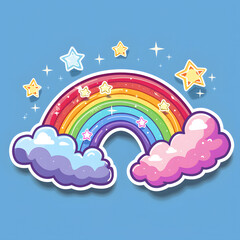 Wall Mural - Rainbow surrounded by stars and clouds on azure sky background