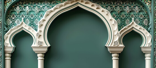 Wall Mural - A luxurious Arabic background with stylish white and green patterns and an ornate arch frame. Suitable for cultural events or elegant designs.