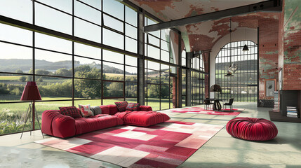 Poster -  a red couch sitting in a living room next to a large window with a red rug on top of it.