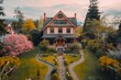 A drone shot capturing a picturesque craftsman cottage exterior in pale peach, bordered by winding pathways and blooming flowers.