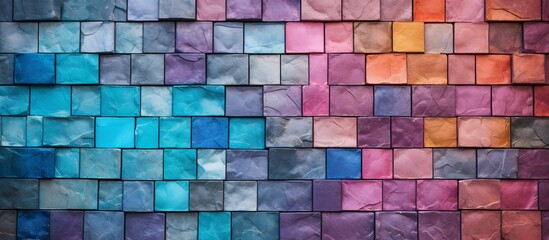 Poster - a closeup of a rectangular tile wall showcasing a vibrant mix of purple, violet, magenta, and electr