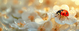 Fototapeta Natura - A beautiful panorama of a macro with a ladybug with dew drops sitting on white flowers on a sunny morning in the garden. Ai generative.