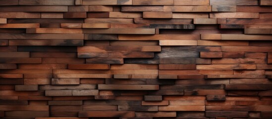 Poster - A detailed closeup of a wooden wall constructed with rectangular beige hardwood blocks, showcasing the beauty of wood grain and stain