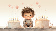Cute boy birthday card with cakes with candles and balloons. Children's birthday party. Watercolor illustration. Generative AI