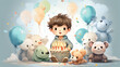 Cute boy birthday card with cake with candles, balloons and teddy bears. Children's birthday party. Watercolor illustration. Generative AI