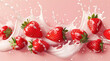 Food poster, showing several oversized strawberries with milk splashes, on a solid color background. The illustrations are in light colors with exquisite details.