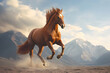 © photosaint - thoroughbred muscular horse gallops against the backdrop of the mountains. mammal. biology and fauna