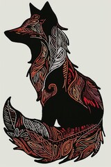 Poster - A drawing of a fox with a long tail, embroidery on white background