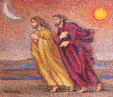 Fototapeta Miasto - MILAN, ITALY - MARCH 8, 2024: The mosaic of St. Peter and John running to the empty tomb in the church Chiesa di Santi Quattro Evangelisti by Italo Persson and Silvio Consadori from 20. cent.