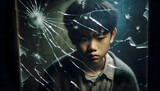 Fototapeta Sport - sad young boy with black hair looking through the shattered glass.