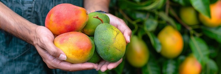 Wall Mural - Ripe mango held against blurred background, selection with generous copy space for text