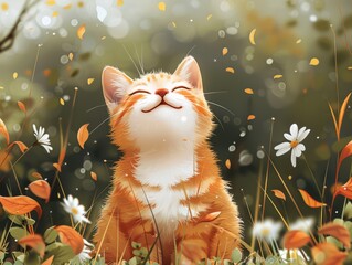 Poster - An orange and white cat sitting in a field of flowers