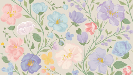 
A charming and delicate pastel-colored flower design pattern features a variety of blossoms in soft hues of pink, blue, purple, and yellow. The flowers are intricately intertwined with a touch of gre