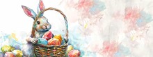 Watercolor Easter Bunny With Basket Full Of Colorful Eggs, On White Background, Banner For Social Media Post, Space To Write Text