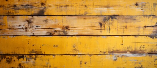 Poster - A closeup shot of a rectangular yellow hardwood wall stained with amber wood stain, showcasing a beautiful art pattern and unique font details, accented with metal elements