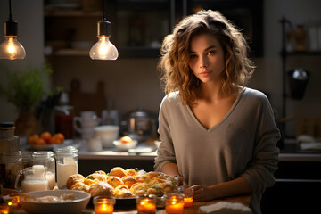 Wall Mural - young beautiful woman preparing food in the kitchen. cooking salad in the kitchen. Healthy eating, vegetarian food and dieting concept