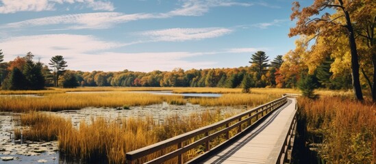 Canvas Print - A wooden walkway winds through a marsh, leading to a tranquil lake surrounded by lush greenery and under a clear blue sky