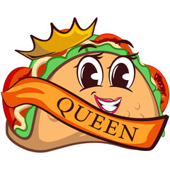 Wall Mural - cute taco mascot character emoticon becomes a beautiful queen complete with crown, cute taco mascot