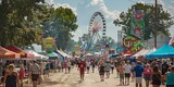 Fototapeta  - Amusement park with a crowd and ferris wheel